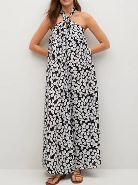 Mango Printed Halter Maxi Dress Black White Open Back Size S